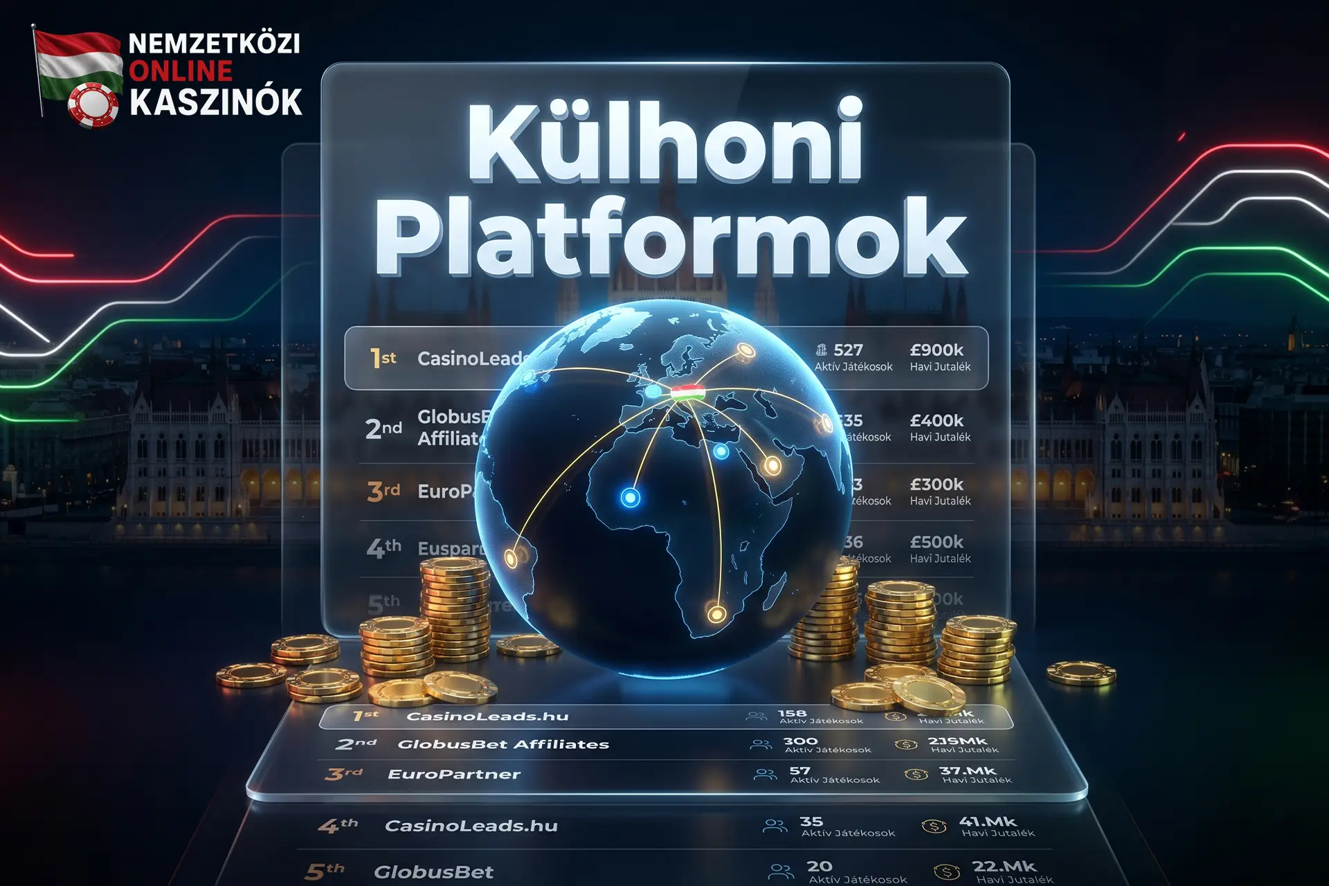 Világító 3D földgömb kaszinó zsetonokkal és Külhoni Platformok felirattal