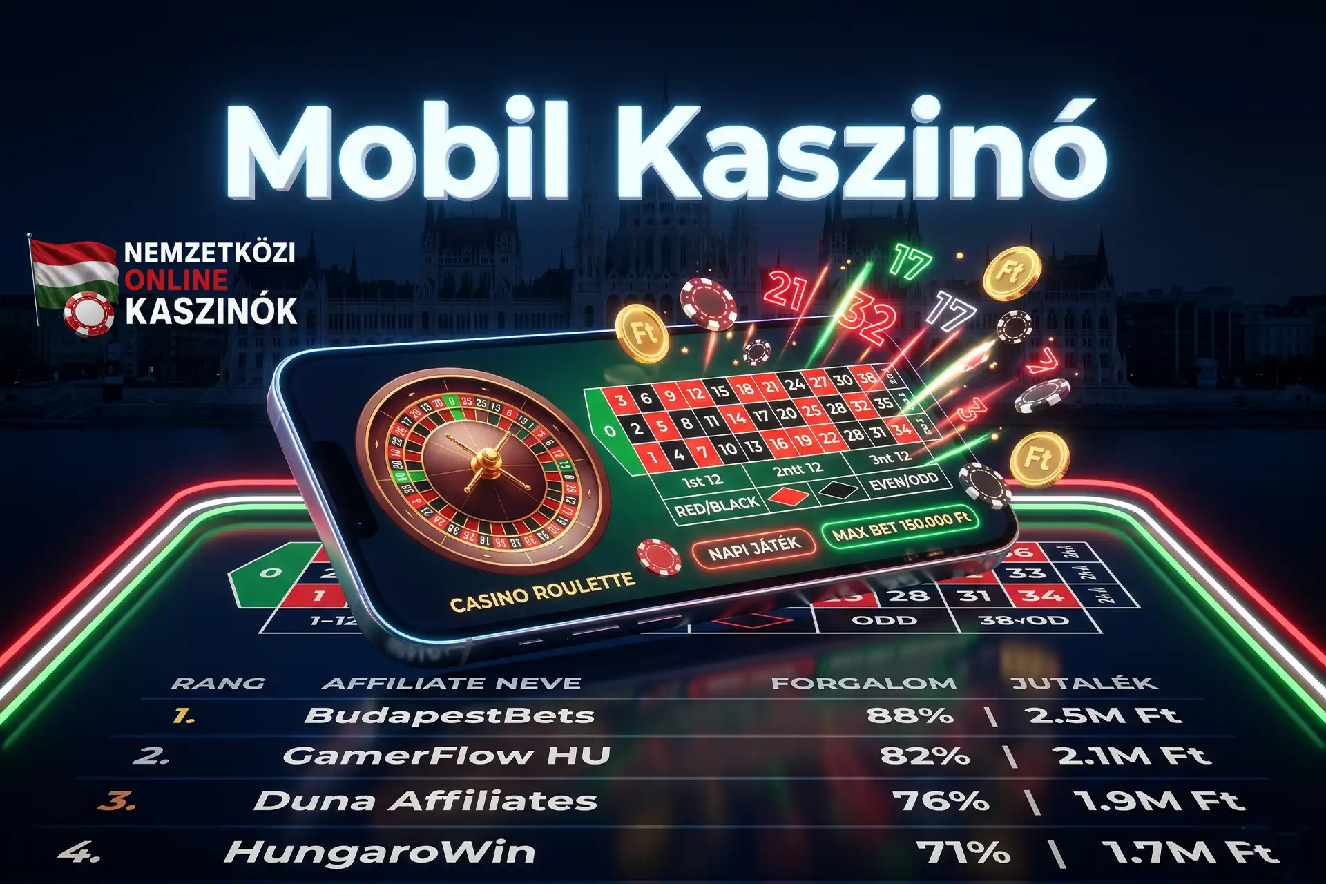 Okostelefon rulett alkalmazással és Mobil Kaszinó felirattal.
