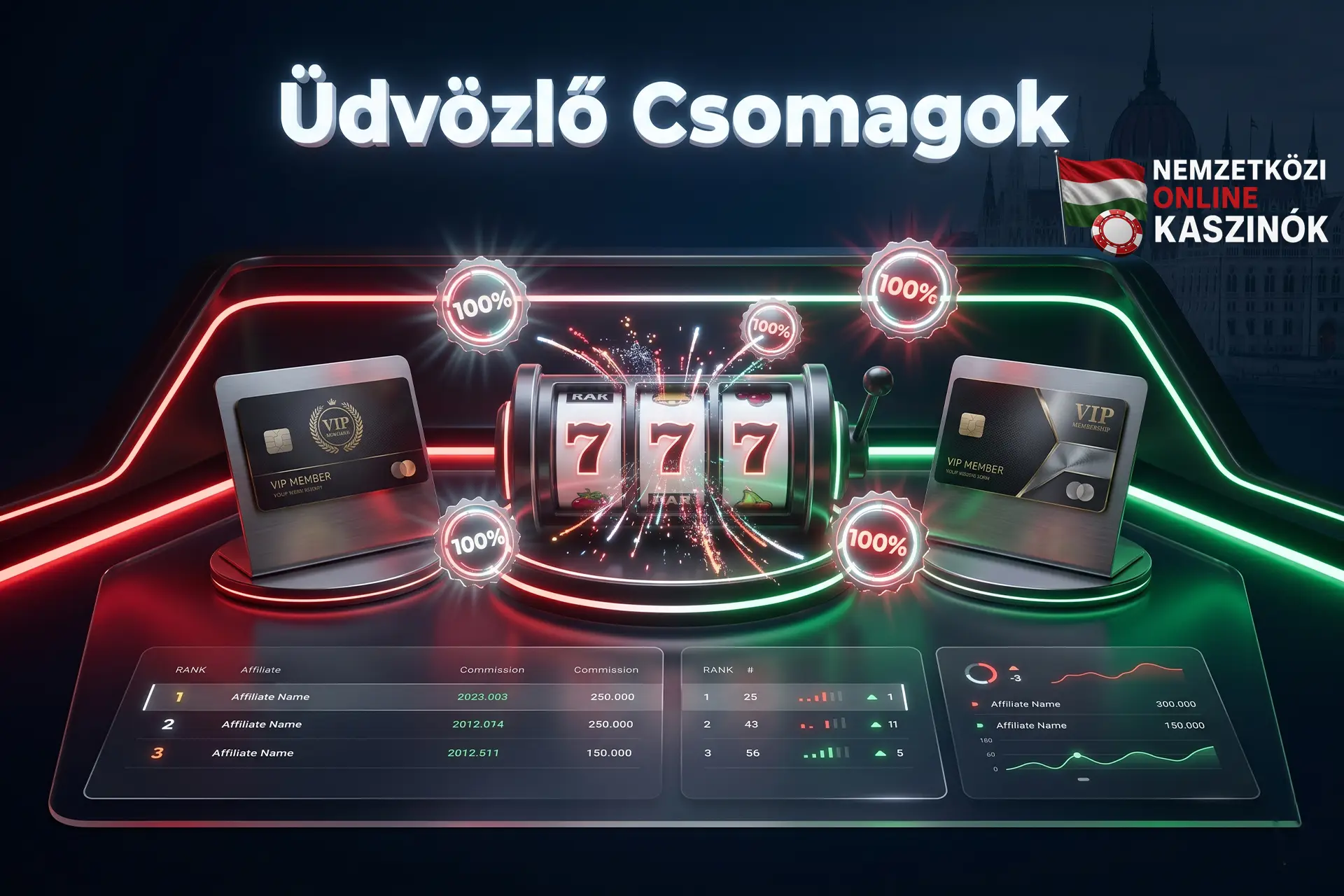 Nyerőgép 777-es találattal, VIP kártyákkal és Üdvözlő Csomagok felirattal.