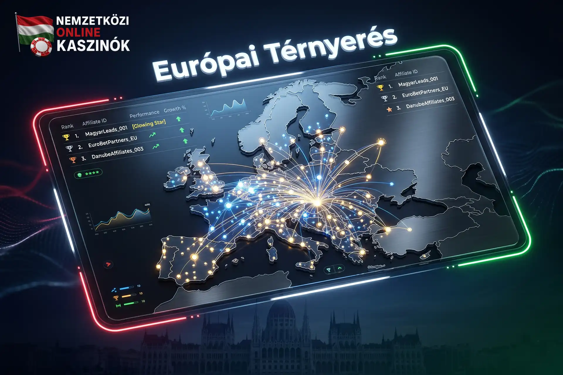 Európa digitális térképe világító adatcsomópontokkal és Európai Térnyerés felirattal.