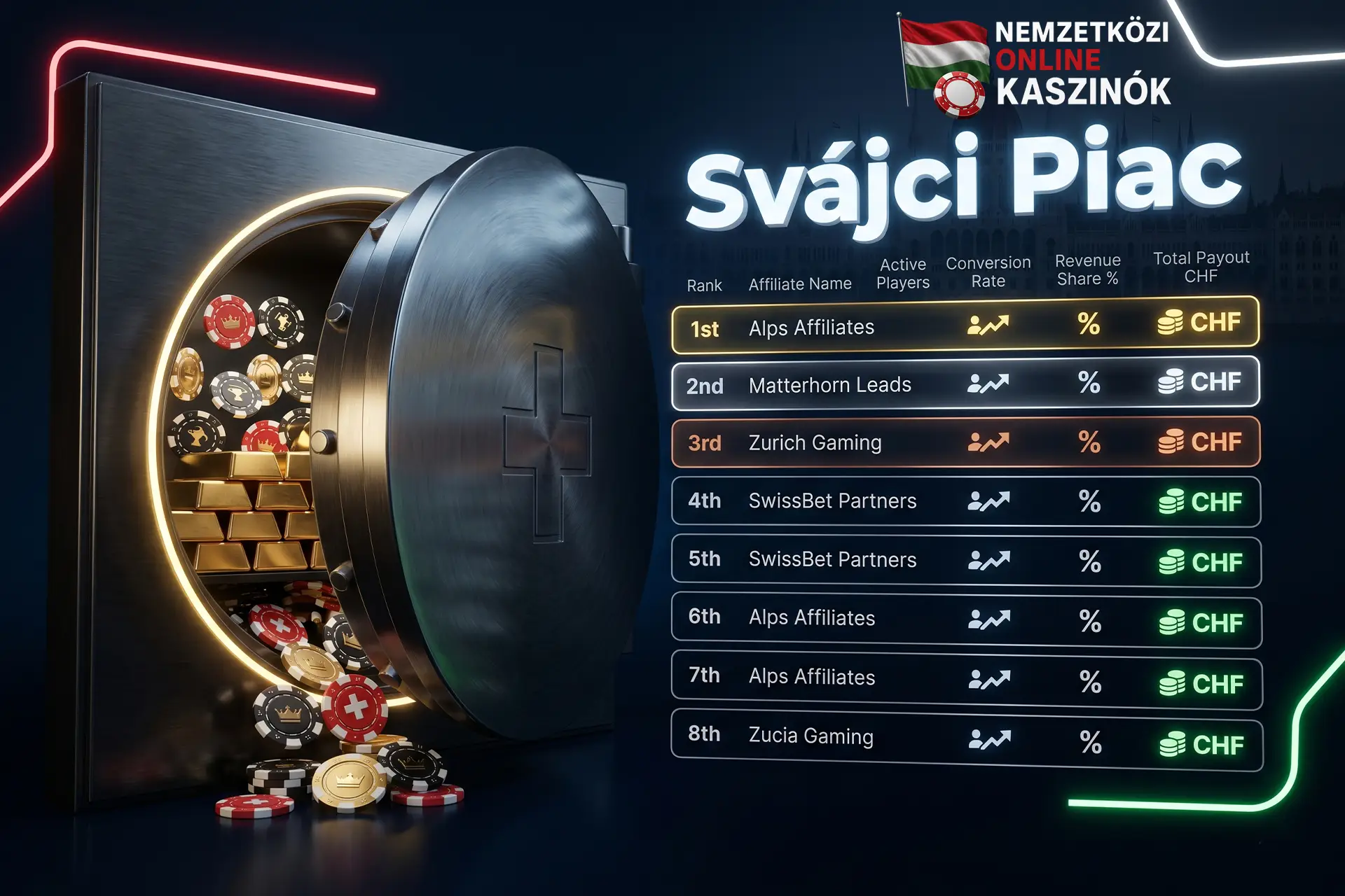 Kinyíló páncélterem ajtó svájci kereszttel és kaszinó zsetonokkal, Svájci Piac felirattal.