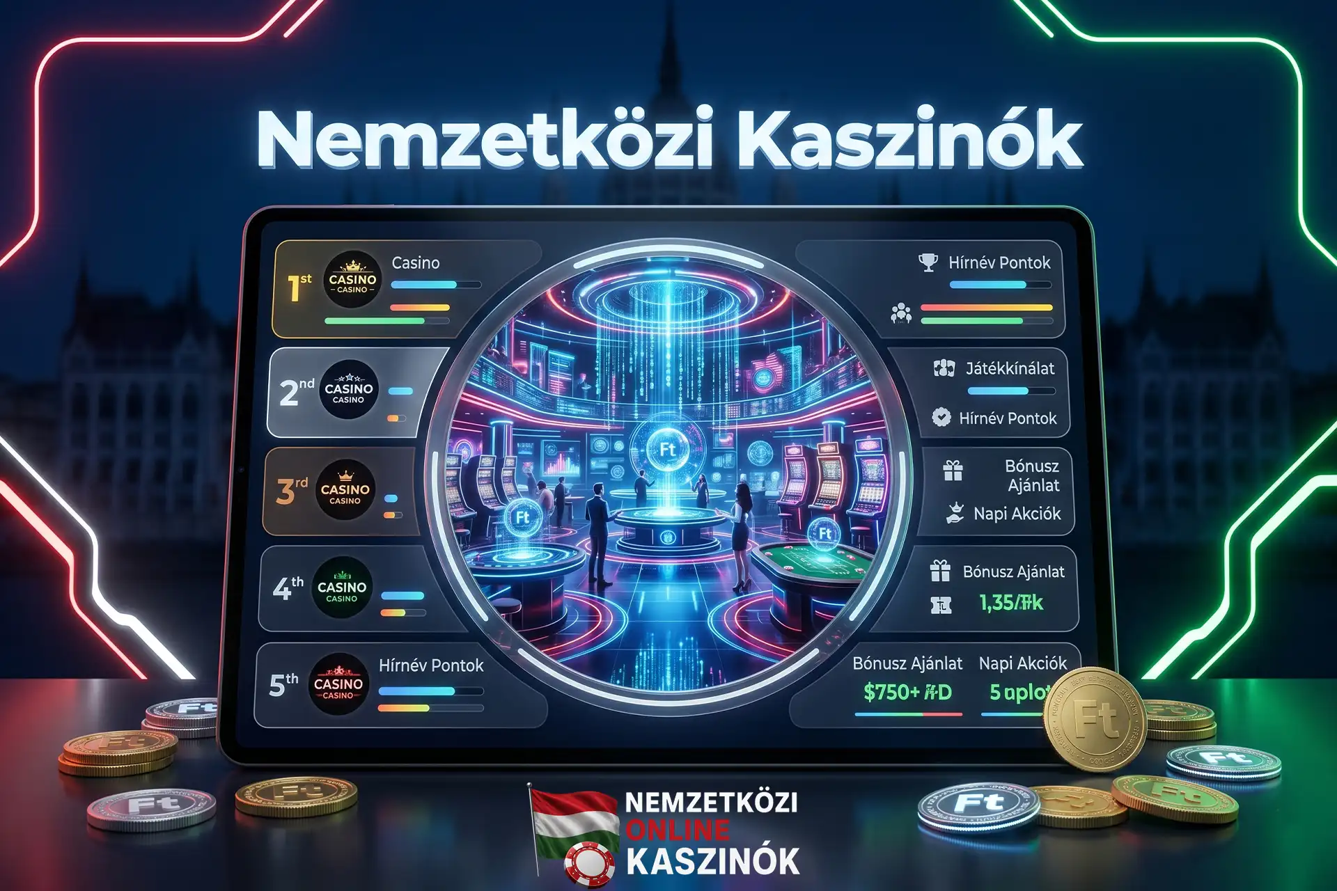 Futurisztikus virtuális kaszinó lobbi forint érmékkel és Nemzetközi Kaszinók felirattal.