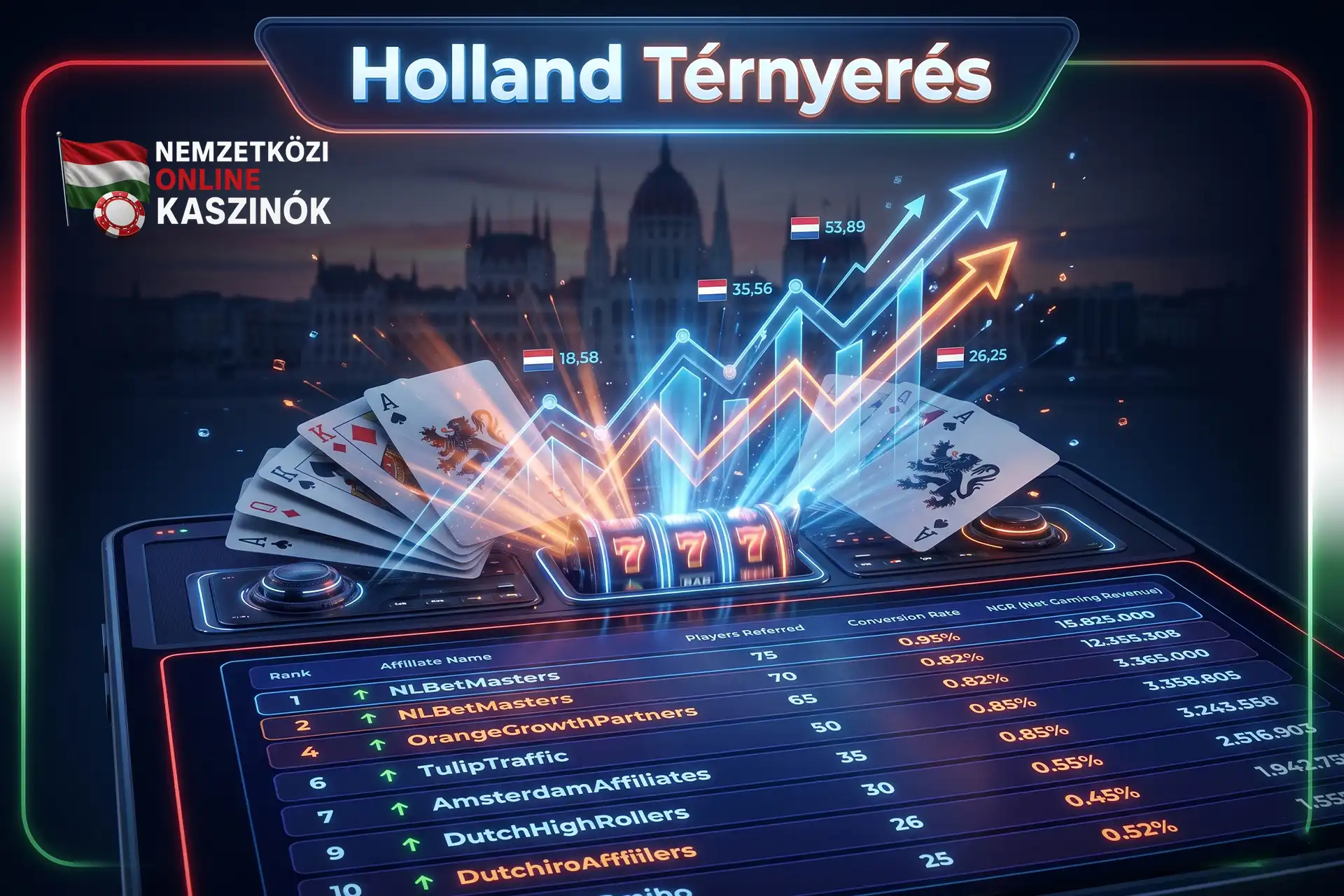 Holografikus növekedési grafikon baccarat kártyákkal és Holland Térnyerés felirattal.