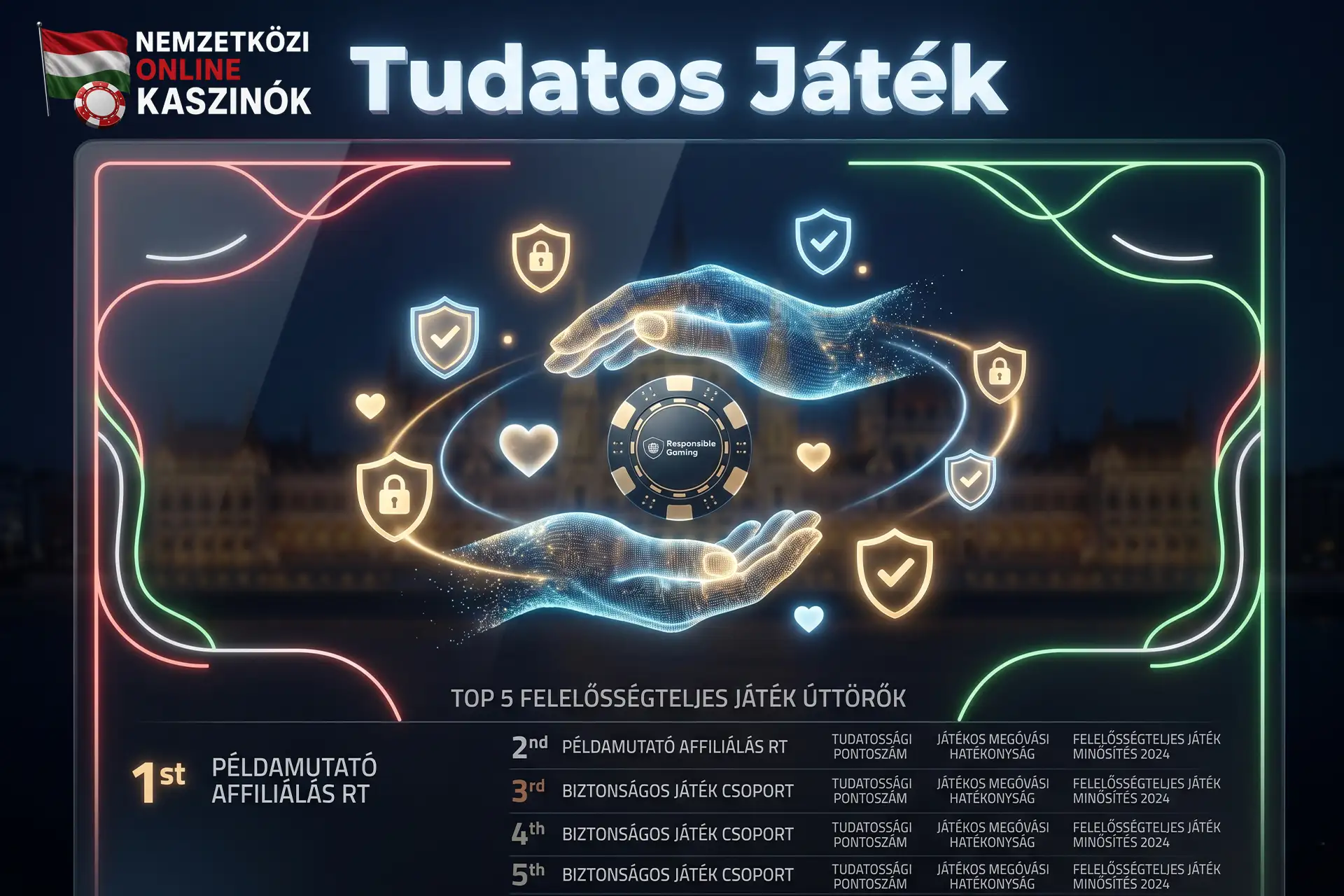 Kaszinó zsetont tartó védelmező digitális kezek, Tudatos Játék felirattal.