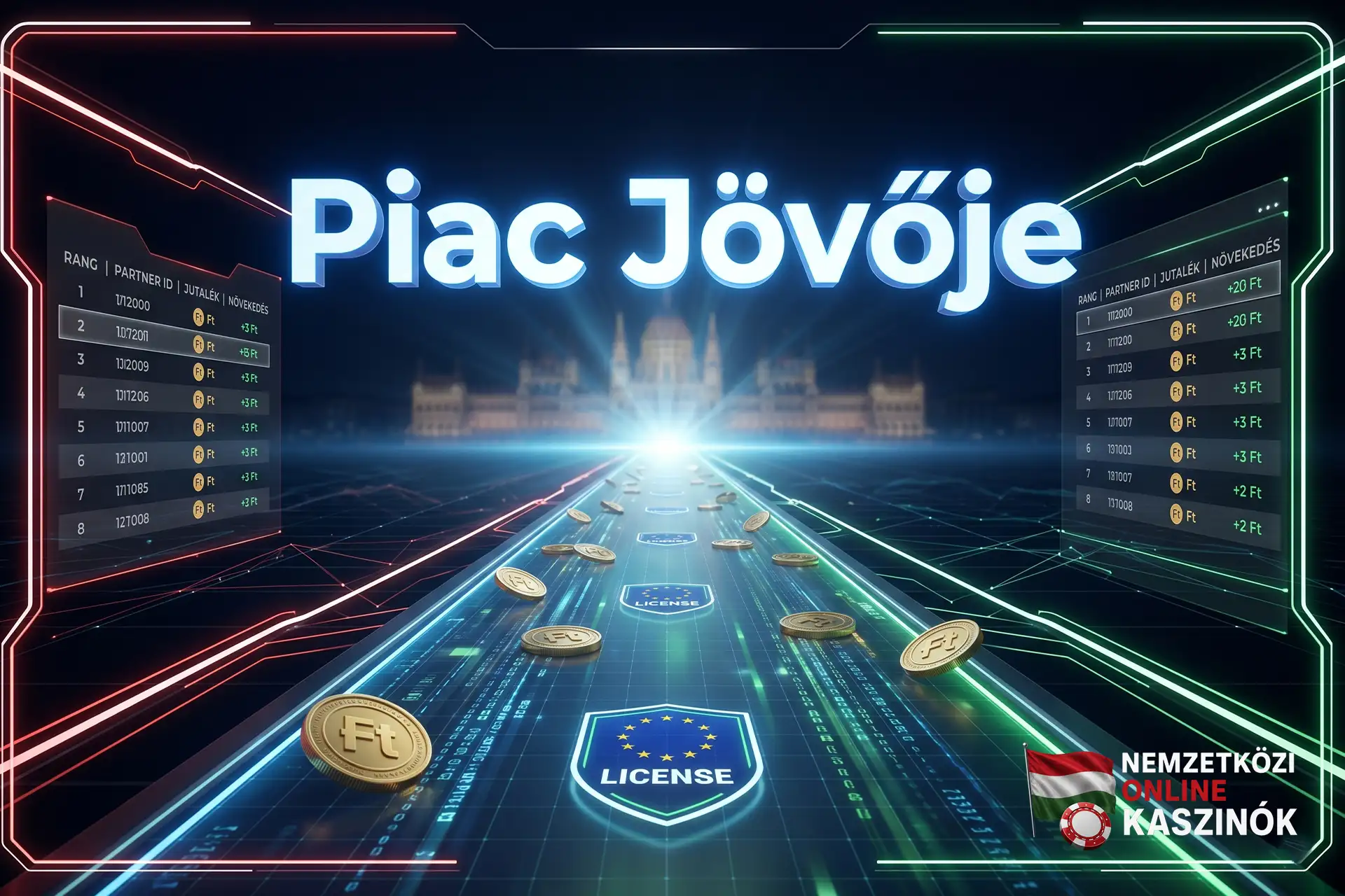 Futurisztikus digitális út aranyérmékkel és EU licenc szimbólumokkal, Piac Jövője felirattal.