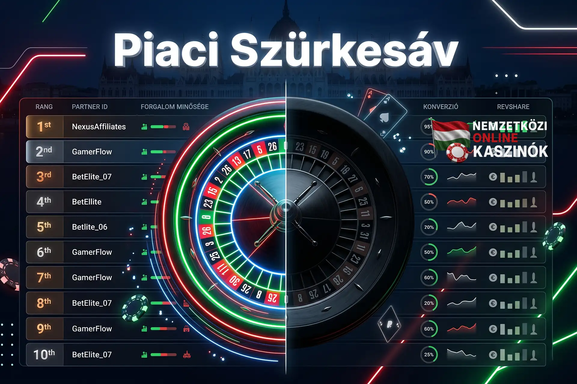 Félbevágott rulettkerék neon és sötét árnyékokkal, Piaci Szürkesáv felirattal.