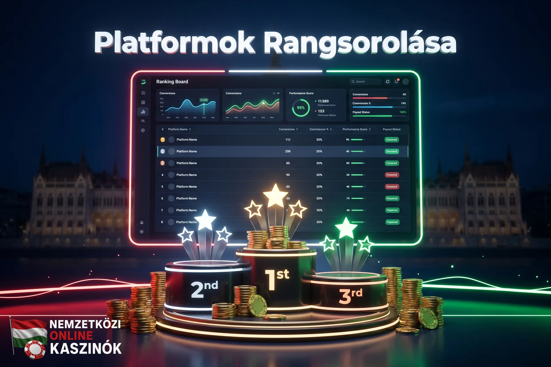 3D dobogó arany zsetonokkal és digitális ranglistával, Platformok Rangsorolása felirattal.