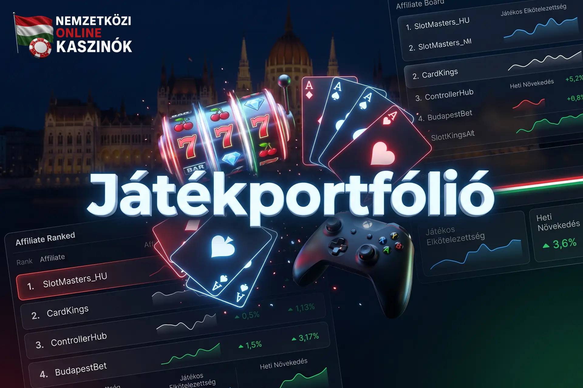 Világító nyerőgép tárcsák, kártyák és játékkontroller Játékportfólió felirattal.